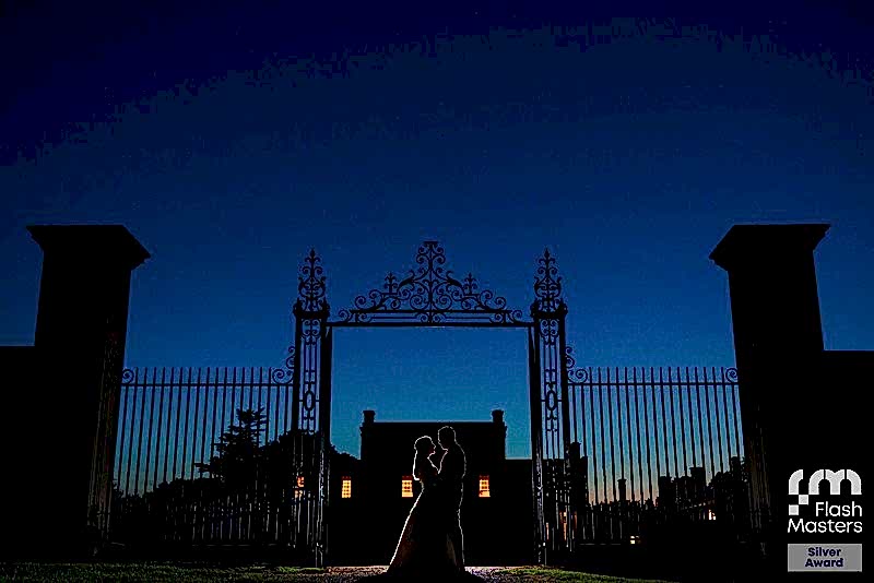 Silhouetted couple wedding at dusk, ornate gates.
