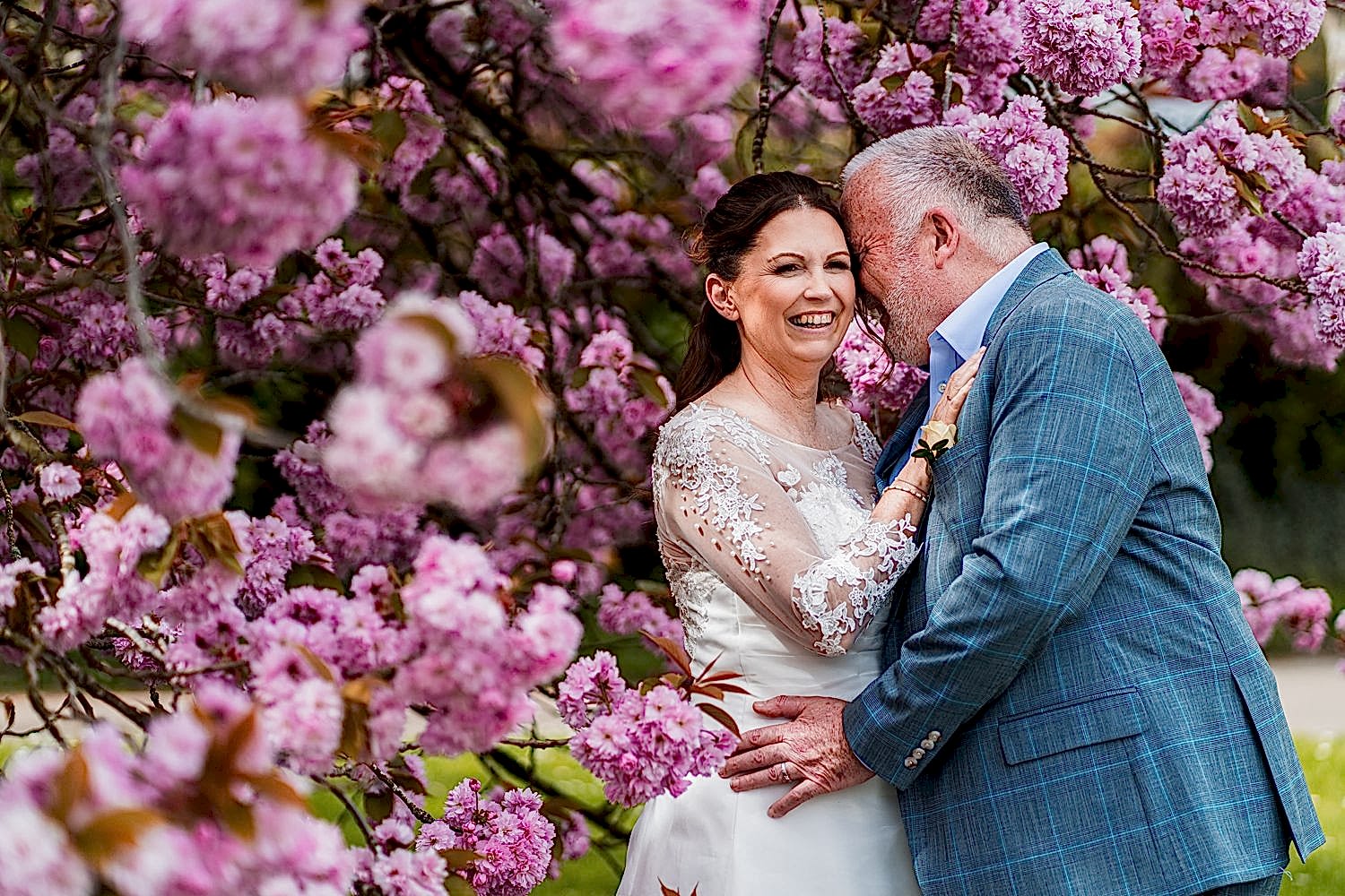 Couple embracing among pink cherry blossoms.