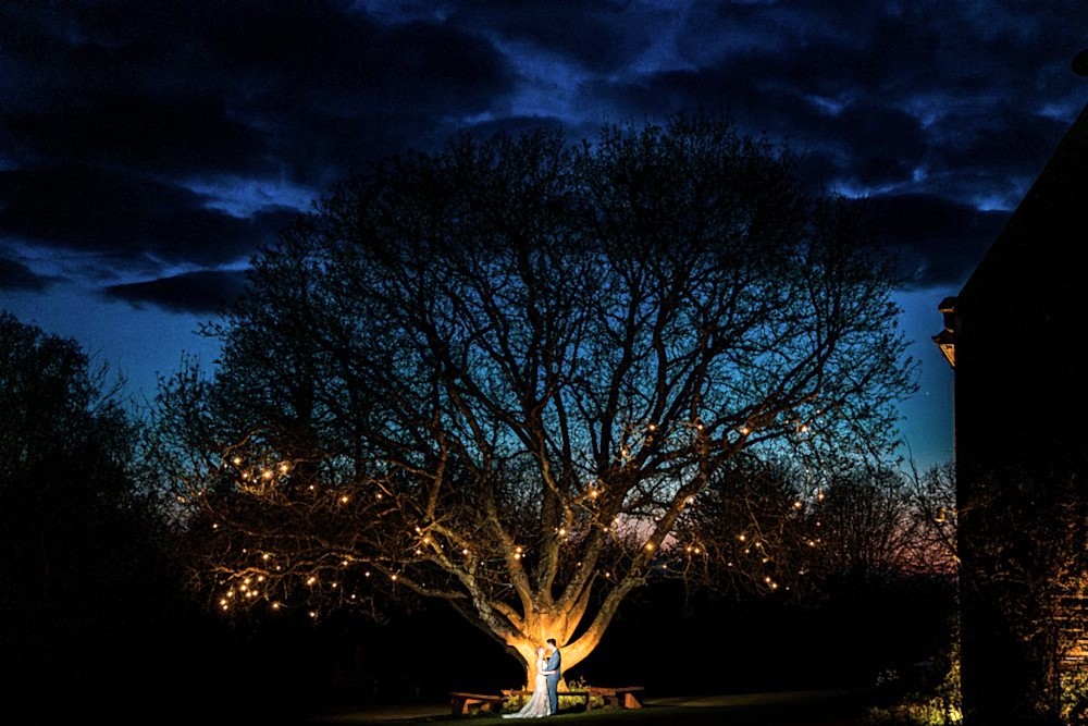 Couple embraces under illuminated tree at night.